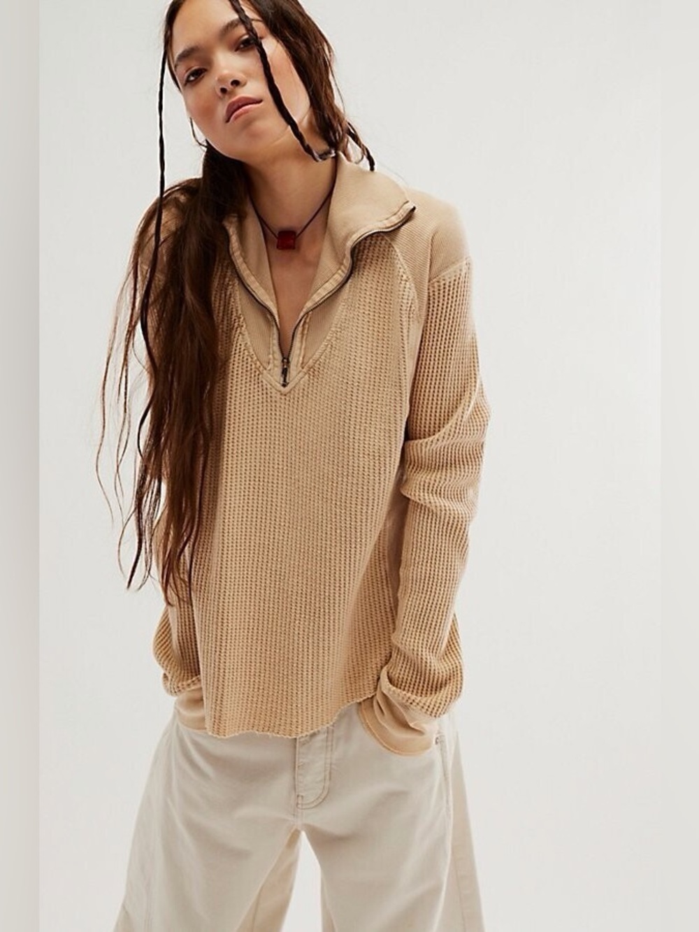 Free People Ashton Zip Thermal Beige Waffle Knit Half-Zip Pullover size Medium